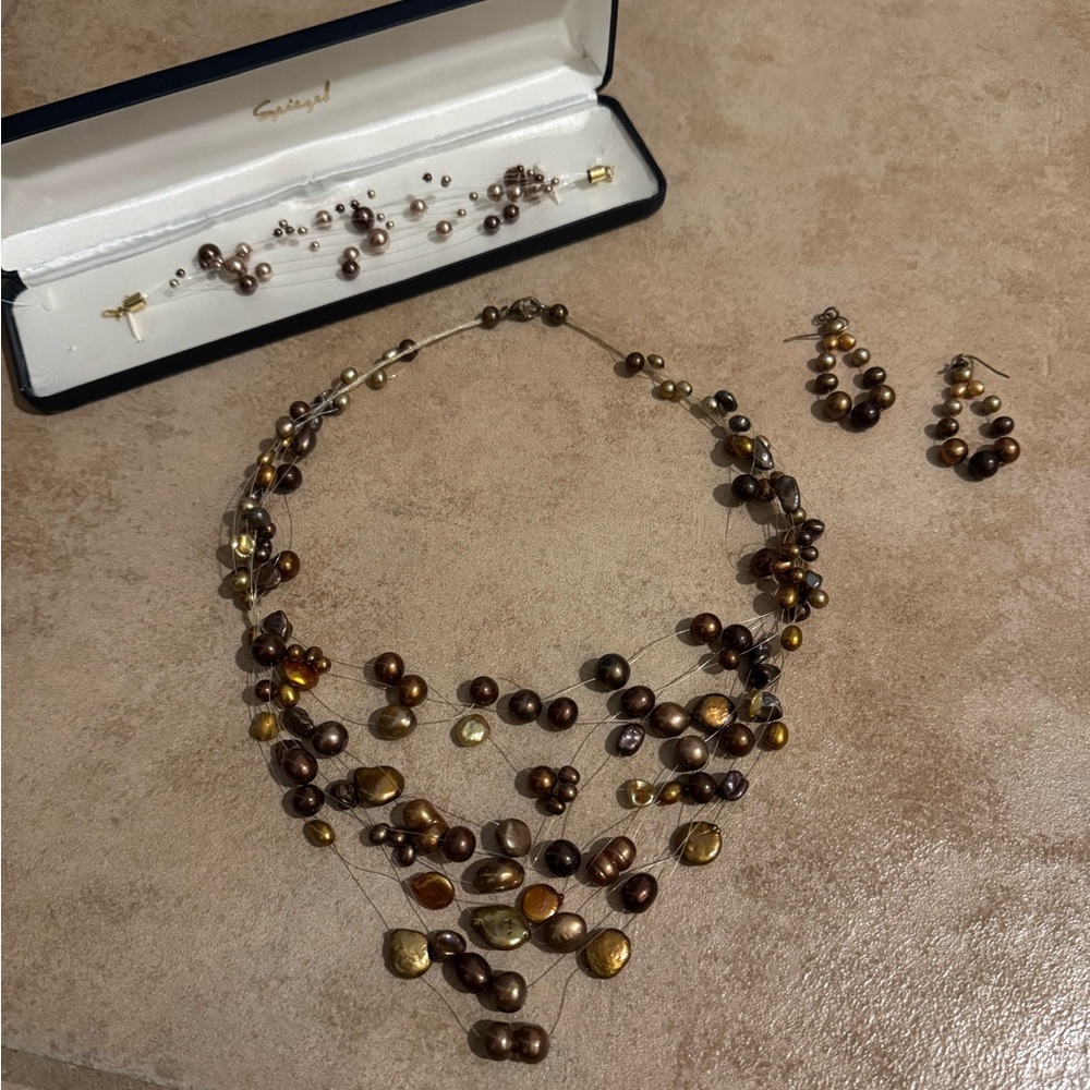 Multi colored pearl earring, necklace, bracelet set